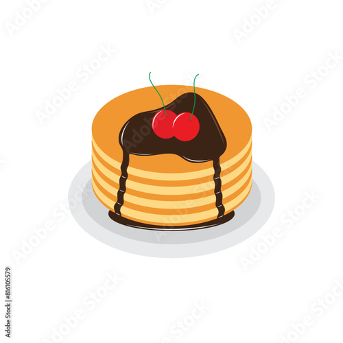 Pancakes on plate with cream and chocolate syrup sweet vector illustration. Tasty holiday cake food isolated on white