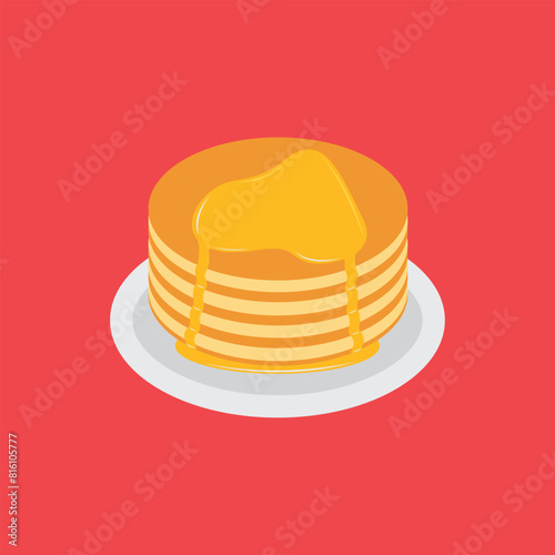 Pancakes on plate with cream and honey syrup sweet vector illustration. Tasty holiday cake food isolated on white