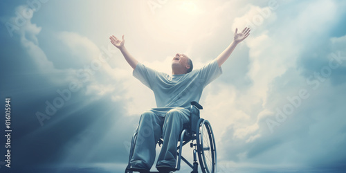 Old man on a wheelchair praising the lord with raised arms. Christian Joy: Spreading God's Love Through Wheelchair Freedom.