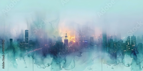 Urban Landscape Evolves from Abstract Smoke on Canvas, with Twinkling Lights in the Haze. Concept Abstract Artwork, Urban Landscape, Smoke on Canvas, Twinkling Lights, Hazy Atmosphere photo
