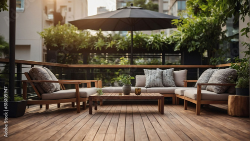 Stylish Urban Terrace, Modern Wood Deck, Greenery, and Furniture