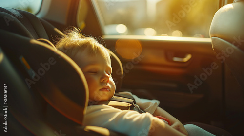 Criança dormindo na cadeirinha dentro do carro.  photo