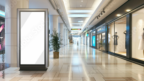 Outdoor de cartaz vertical em branco, suporte de publicidade, lightbox dentro do shopping - Mockup photo