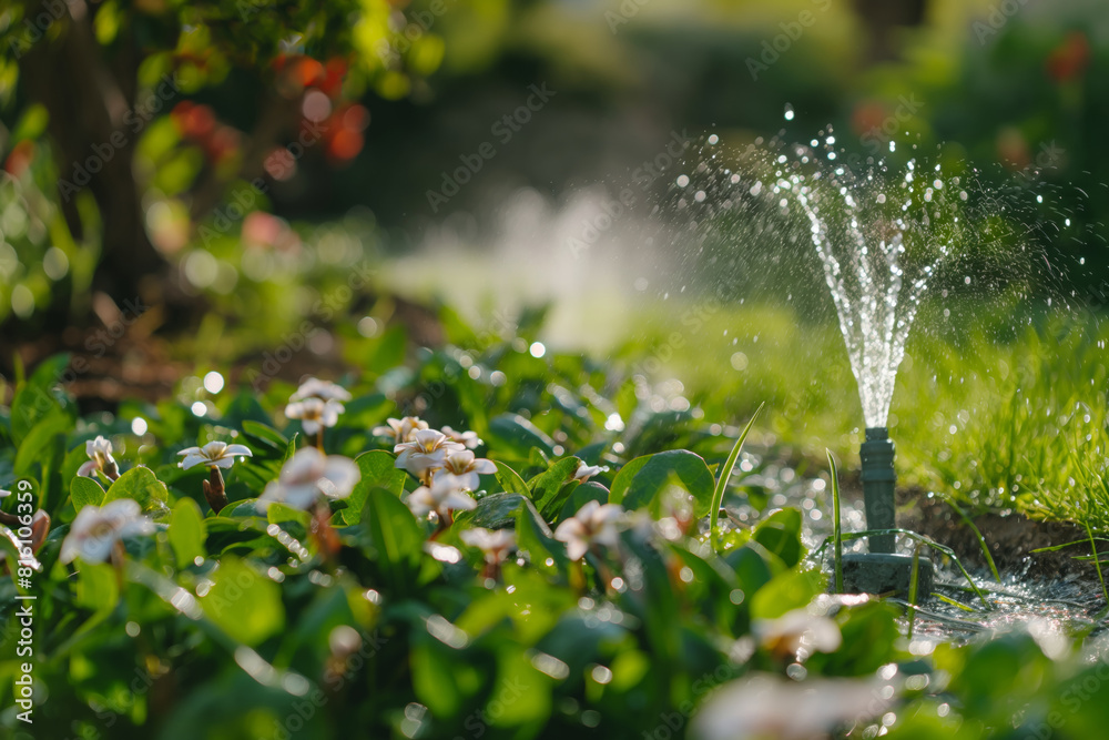 Water sprinkler irrigates field of lush green flowers in natural landscape. Generative AI Water sprinkler irrigates field of lush green flowers in natural landscape. Generative AI
