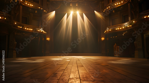 Wide shot of an Empty Elegant Classic Theatre with Spotlight Shot from the Stage Welllit Opera House with Beautiful Golden Decoration Ready to Recieve Audience for a Play or Ballet Sho : Generative AI photo