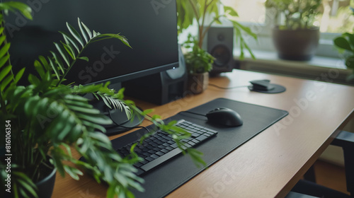 Local de trabalho de luxo elegante e ergonômico. Computador moderno, mousepad de couro preto e vasos de plantas verdes na mesa de madeira. Home office confortável para empreendedor, freelancer photo