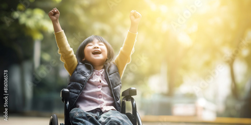 Happy Asian child on a wheelchair. Uplifting Independence  Embracing Abilities Beyond Disability.