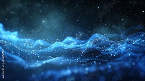 Abstract particle wave blue color wave flowing particles light hyper realistic 