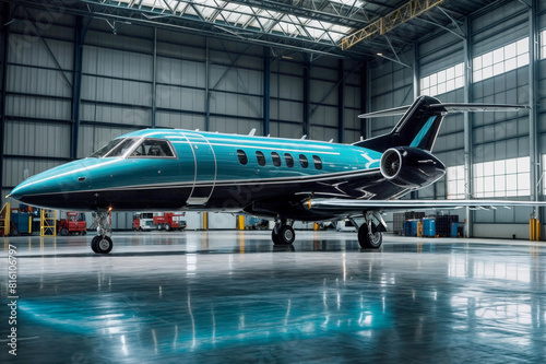A blue jet is parked in a hangar. Private jet parked in light blue hangar for aircraft maintenance and repair services