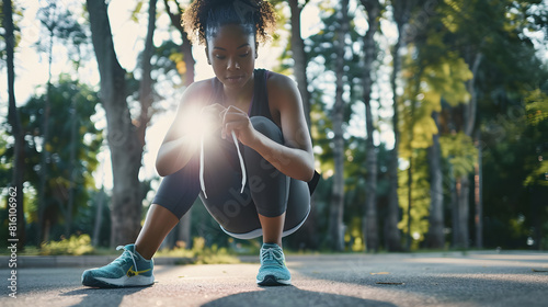 Cheerful young African American woman tying laces on her sneakers before training jogging at city park empty space Happy black female praparing for outdoor running keeping fit : Generative AI