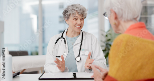 Old woman, senior or doctor with patient in consultation for healthcare advice or hospital checkup in clinic Speaking, nursing or medical professional talking to person in appointment for medicare photo