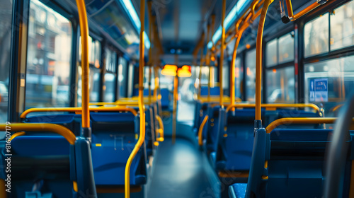 Interior of a city bus Empty bus interior Bus with blue seats and yellow handrails Public transport in the city of Cluj Romania : Generative AI