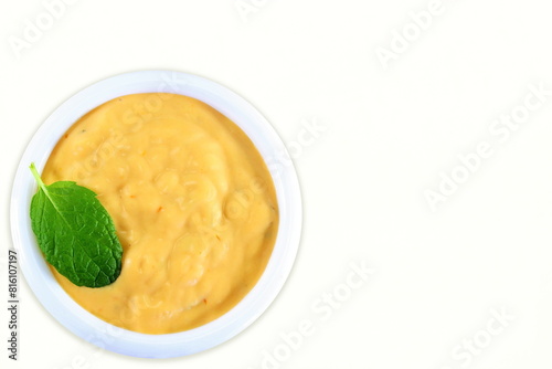 homemade ranch dressing with herb mint isolated in bowl,white background,copy space,top view