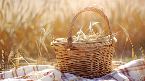 Empty wooden basket on table with tablecloth over wheat field background Jewish holiday Shavuot mock up for design and product display : Generative AI