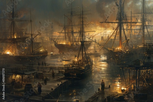 Atmospheric scene of an ancient port bustling with sailing ships and dock workers under evening light