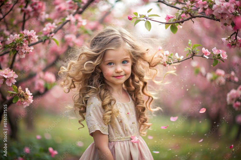 Spring flowering. Portrait of a beautiful little curly-haired girl of 4 years old in a straw hat and dress in a blooming apple rose garden. Childhood. The baby is posing and looking at the camera. Spring flowering. Portrait of a beautiful little curly-haired girl of 4 years old in a straw hat and dress in a blooming apple rose garden. Childhood. The baby is posing and looking at the camera.