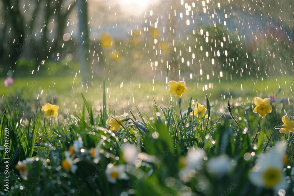 Fototapeta premium Sprinkler watering flowers in natural landscape with sunlight on grassy field. Generative AI