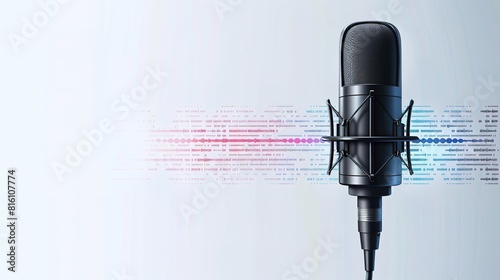 Microphone with waveform on white background, broadcasting or podcasting banner photo