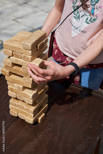 Outdoor fun with giant wooden block game