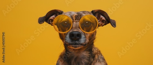 Dog with Sunglasses, Cool and Fashionable Portrait of Brown Dog, Yellow Background
