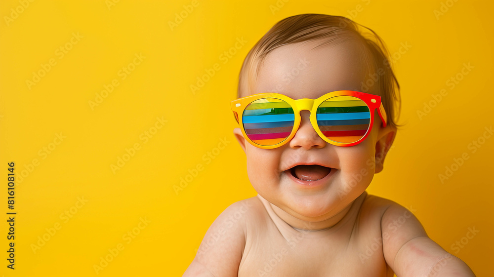 baby with an expression of pure joy, wearing gigantic, neon green sunglasses baby with an expression of pure joy, wearing gigantic, neon green sunglasses