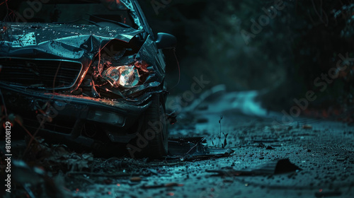 A car is in a ditch with its headlight on photo