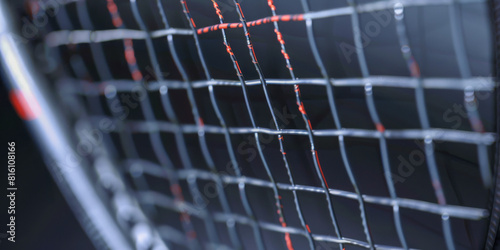 Close Up Shot of Tennis Racket Strings in High Definition with Dramatic Lighting