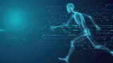 Abstract digital background with a running human skeleton and technology data, vector illustration