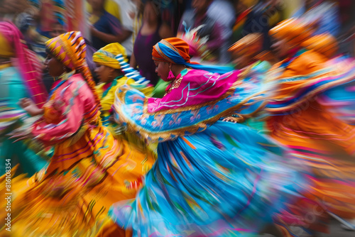 A group of women in colorful clothing are dancing in a parade
