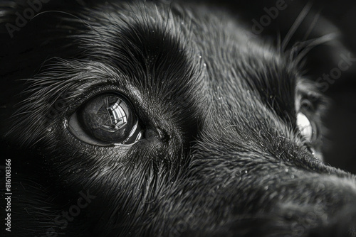 Close Up Black Dog Eye Monochrome with Reflective Light and Detailed Fur