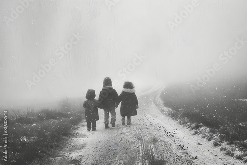 Children Walking in Snowy Winter Landscape Holding Hands Foggy Pathway in Black and White