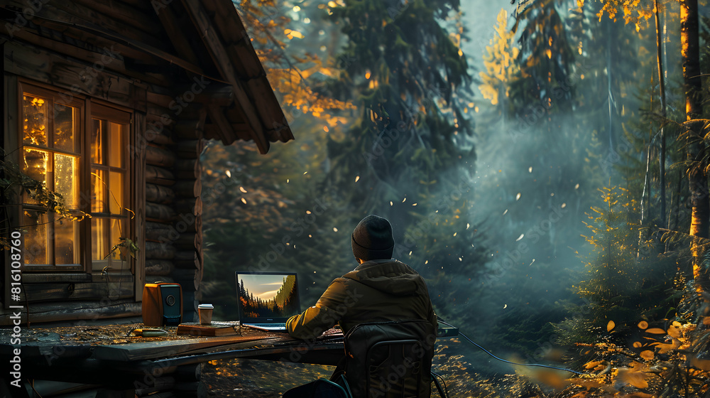 Freelancer designing website on laptop in forest cabin: Blend of work nature, tranquil rustic setting Freelancer designing website on laptop in forest cabin: Blend of work nature, tranquil rustic setting