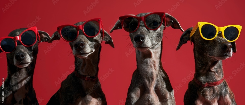 Obraz premium Dogs with Sunglasses on Red Background, Cool Stylish Pets, Copy Space