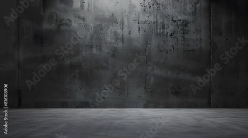 Wide dark concrete studio room background with low lighting for product display or mock up design empty three dimensional concrete room backdrop : Generative AI photo