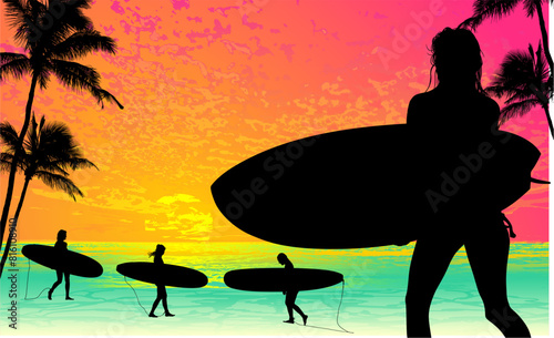 surfistas, contraluz, vector, tabla, surf, mar, atardecer, mujer surfista, silueta, tablista, ilustracion, arte surf, rosa, surfista en la playa, chica surf, mujer