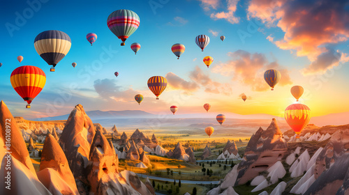 Colorful hot air balloons flying over the fairy chimneys of Cappadocia, Turkey, during sunrise