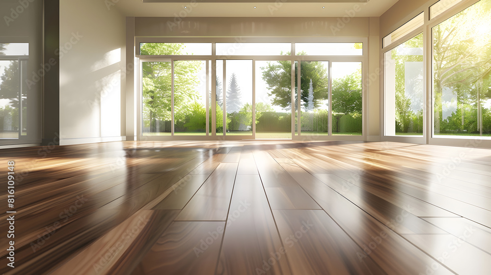 Obraz premium an empty living room with wood flooring and large sliding glass doors leading to the patio area in the house : Generative AI