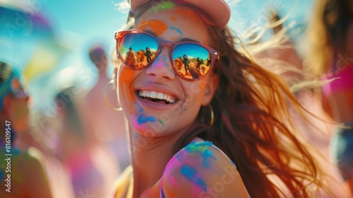 Beautiful young woman having fun at colourful music festival. Happy girl enjoying herself and dancing. Summer holiday, vacation concept. hyper realistic 