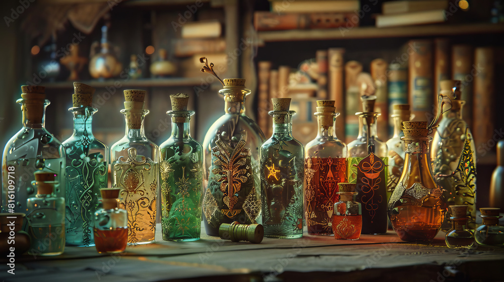A row of colorful bottles with a green bottle in the middle A row of colorful bottles with a green bottle in the middle