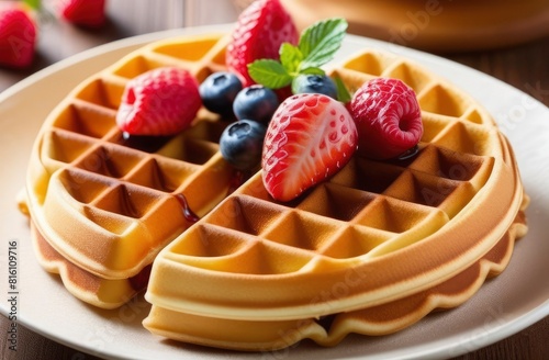 Viennese waffles with fresh berries on a white table, breakfast