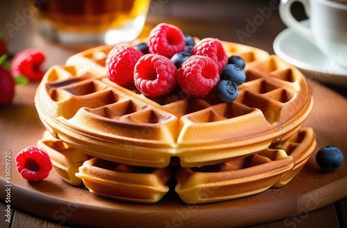 Viennese waffles with fresh berries on a white table, breakfast