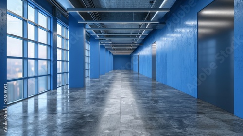 blue office corridor  concrete floor  loft-style windows  continuous ceiling lights  business and financial design theme  spacious interior concept  AI Generative hyper realistic 