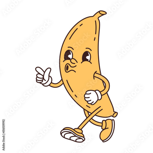 Retro groovy funny fruit. Naughty anthropomorphic character yellow banana. Vector flat illustration isolated on white background