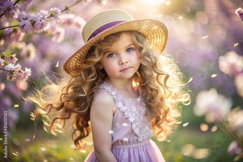 Spring flowering. Portrait of a beautiful little curly-haired girl of 4 years old in a straw hat and dress in a blooming lilac garden. Childhood. The baby is posing and looking at the camera.