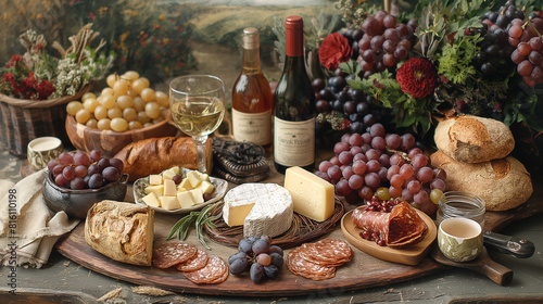An artistic representation of a gourmet picnic in a scenic countryside setting, with a rustic spread of artisanal cheeses, charcuterie, and freshly baked bread, laid out on a vinta photo