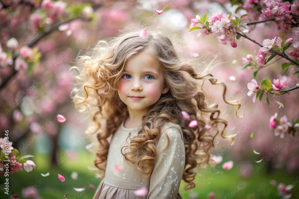 Spring flowering. Portrait of a beautiful little curly-haired girl of 4 years old in a straw hat and dress in a blooming apple rose garden. Childhood. The baby is posing and looking at the camera.