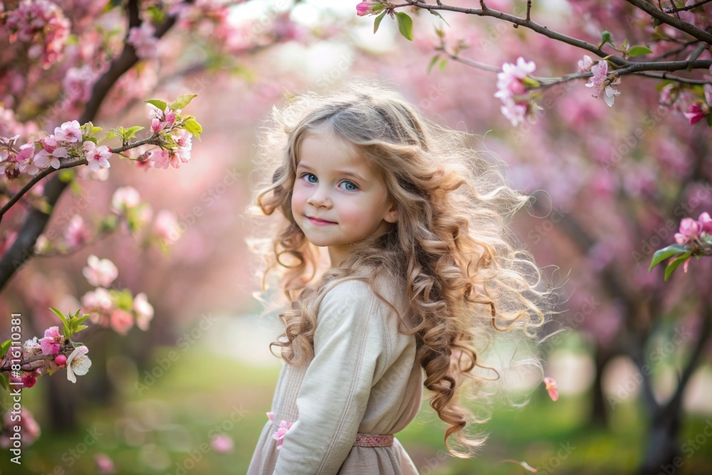 Spring flowering. Portrait of a beautiful little curly-haired girl of 4 years old in a straw hat and dress in a blooming apple rose garden. Childhood. The baby is posing and looking at the camera. Spring flowering. Portrait of a beautiful little curly-haired girl of 4 years old in a straw hat and dress in a blooming apple rose garden. Childhood. The baby is posing and looking at the camera.
