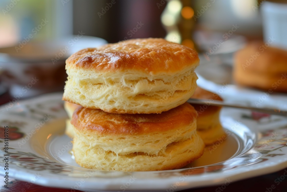 Close-up of stacked buttermilk biscuits on a floral plate, ready to enjoy Close-up of stacked buttermilk biscuits on a floral plate, ready to enjoy