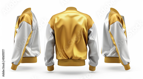 3D realistic baseball jacket, front and back view, silver with gold colored sleeves. White background, in the style of silver with gold colored sleeves.


