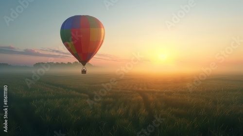 Colourful hot air balloon floating over distant fields and meadows covered with fog on sunny sunrise. hyper realistic 